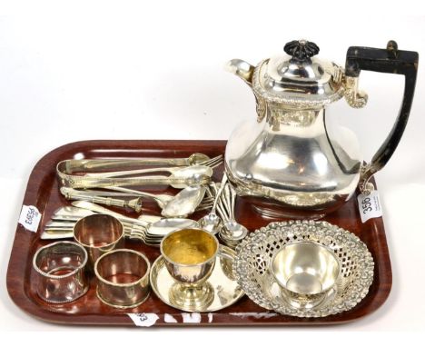 A group of silver comprising coffee pot, pierced dish, two egg cups, pin tray, three napkin rings, set of six coffee spoons, 