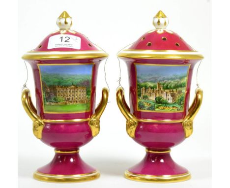 A pair of limited edition Spode pot pourris, each painted by K. Piekin, one decorated with Haddon Hall, the other Chatsworth 