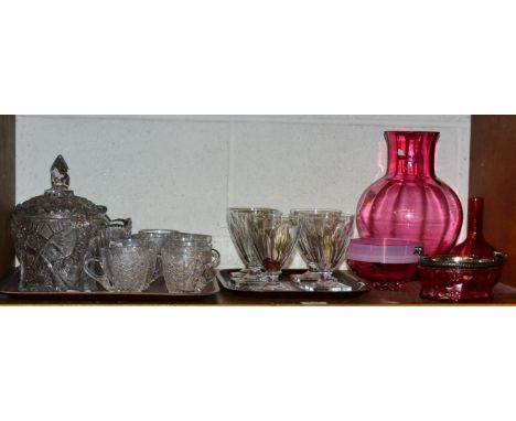 Two Cranberry glass vases, two cranberry glass bowls, cut glass punch cups, rummers and other pieces (qty)  