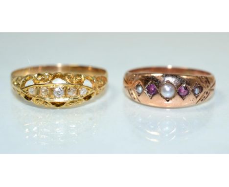 A diamond five stone ring, graduated old cut and single-cut diamonds in a carved setting, total estimated diamond weight 0.10