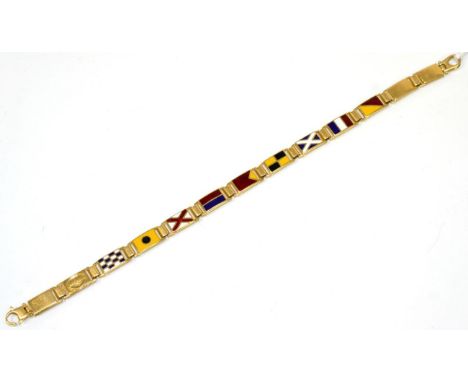 An enamel signal flag bracelet, of nine enamelled flag links, length 20.5cm long, stamped '750'.  Good condition. Gross weigh