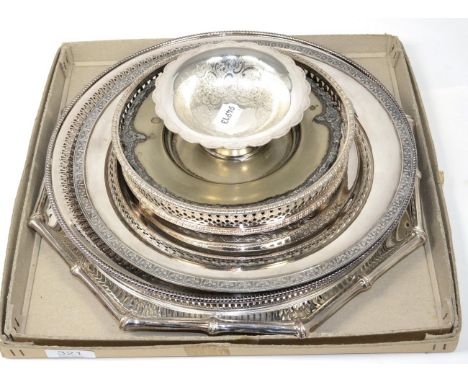 An Aesthetic silver plated octagonal platter with faux bamboo border and cherry blossom design, with six other items of silve