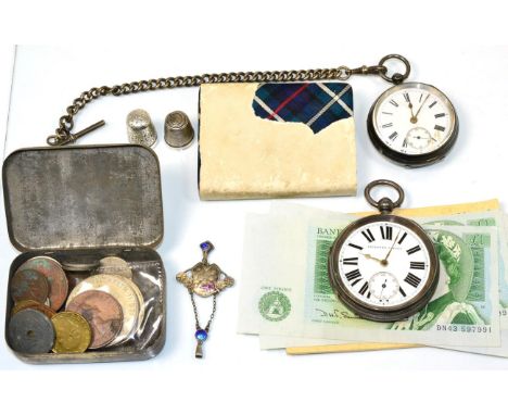 A Charles Horner enamel and silver pendant (badly worn), two silver pocket watches, two silver thimbles, coins, notes, stamps