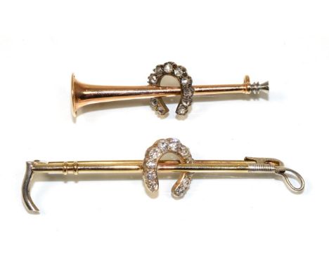 A diamond horseshoe and crop brooch, a central horseshoe set with graduated old cut diamonds, to a crop bar, total estimated 