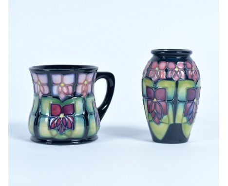 Sally Tuffin for Moorcroft 'Violet' pattern miniature vase and mug,1996 impressed factory marks and date cypher vase 10.5cm h