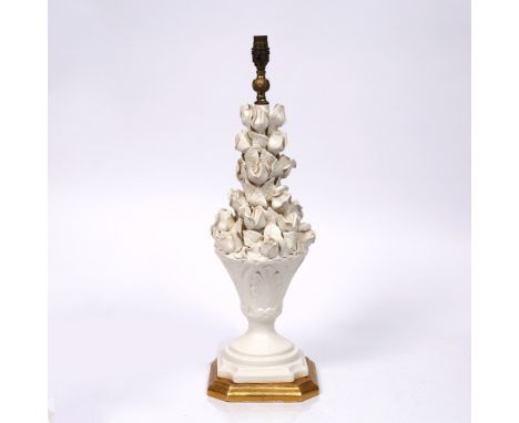 Casa Pupo White ceramic light, mid Century with flowers above incised motifs, on gold painted base 63cm high.