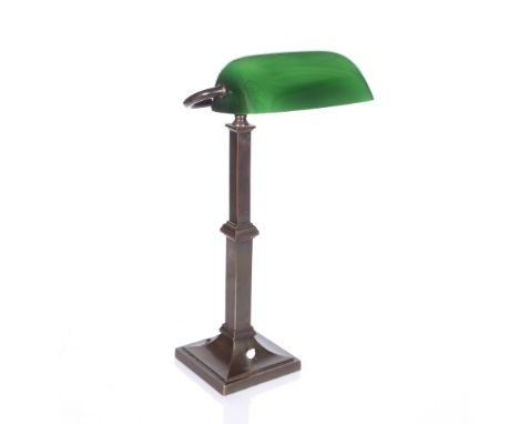 Art Deco Desk angle lamp, circa 1920 brass column and adjustable green glass shade 52cm high. 