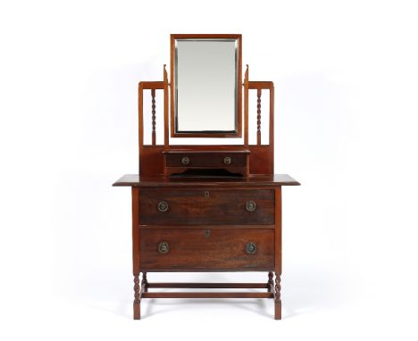 Shapland and Petter of Barnstaple Arts & Crafts dressing table mirror and short drawer above two long drawers, on barley twis