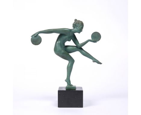 After Marcel Bouraine (1886-1943) Dancer with Cymbals signed 'Derenne' patinated spelter 25.5cm high.