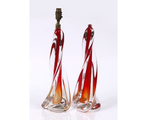 Manner of Val St Lambert Pair of clear and red glass lamp bases of twisted form each 41.5cm high (2).