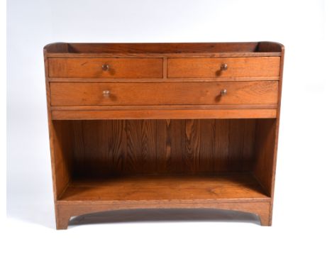 Heals 'Letchworth' chestnut dresser, circa 1910 two short and one long drawer over open shelf, with turned handles 102cm high