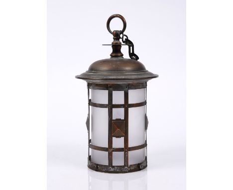 Arts & Crafts Copper hanging lantern with glass shade 33cm high.