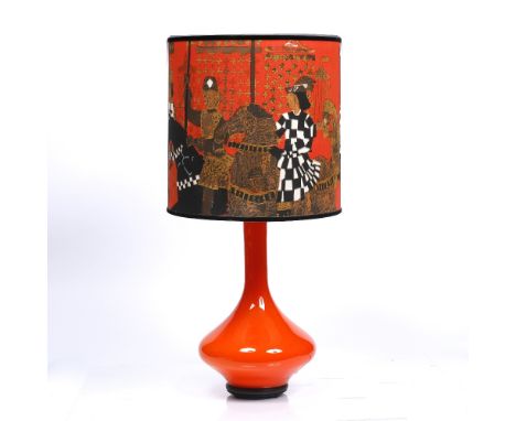 1960s School Orange glass table lamp with 'Tournament' shade by Tibor Reich (1916-1996) 72cm high (including shade).