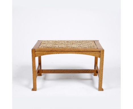 Arts & Crafts Oak foot stool, circa 1900 with woven rush seat on rectangular legs 42.5cm high, 69cm wide, 42.5cm deep.