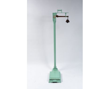 W & T Avery, Birmingham Cast metal weighing scales, early 20th Century with maker's marks, painted turquoise 162cm high, 38cm