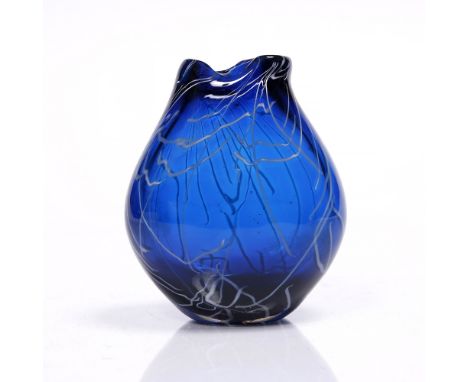 Geoffrey Baxter for Whitefriars Experimental glass vase, 1961 design no. 9577, in cobalt blue with white streaks 14.5cm high.