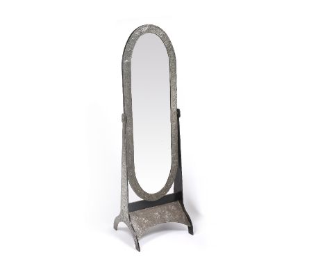 Arts & Crafts Pewter type Cheval mirror embossed with all over floral pattern 166cm high.