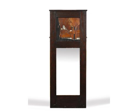 Arts & Crafts Wall mirror, circa 1920 with inlaid panel showing a landscape above rectangular mirror 116cm x 45cm.