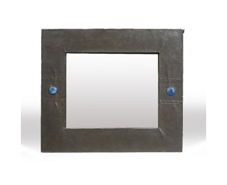 Attributed to Liberty & Co. Pewter wall mirror of square form with turqouise Ruskin style roundels to top and bottom 45cm x 3