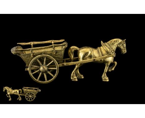 A Vintage Large &amp; Impressive Solid Brass Handmade Horse &amp; Cart, heavy, with moving parts.  Measures 7.5" - 18.75 cm h