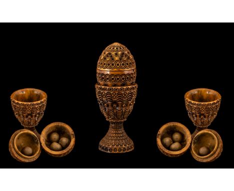 Victorian Treen Carved Nut in the shape of an egg with a screw thread, 2 1/2". Decorated to body with apertures and incised r