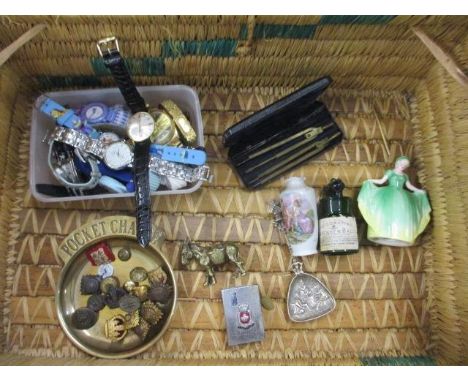 A picnic basket containing military and other buttons,  a brass pocket change dish, modern watches to include a gents Rotary 