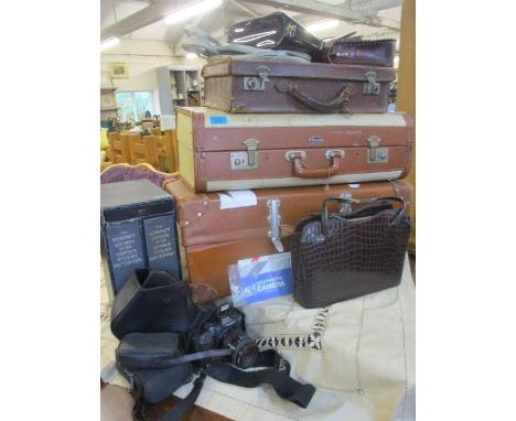 Three vintage suitcases to include leather, together with vintage and retro handbags, a tablecloth embroidered with Chinese d