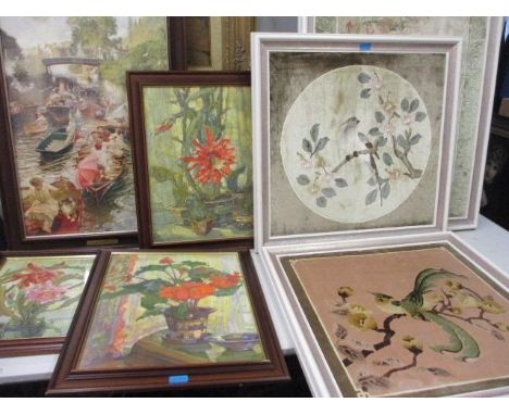 A Boulter's Lock Regatta print and three others, together with two Chinese carpet panels, mounted 