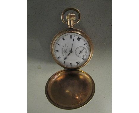 Thomas Russell &amp; Sons, Liverpool a gold plated cased hunter pocket watch with white enamel Roman dial with off set second