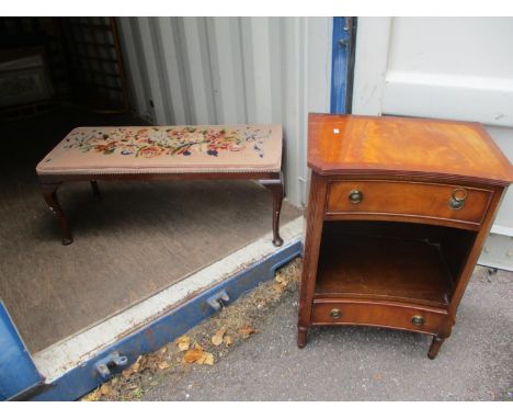 A mid 20th century  mahogany stool with a tapestry top and a mahogany two drawer side cabinet 
