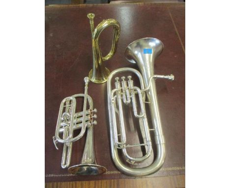 A mixed lot of wind instruments to include a Boosey &amp; Hawkes 3-valve euphonium, a brass bugle and a Bessen trompette 
