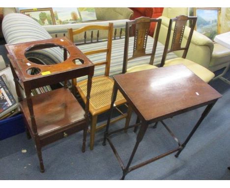 A pair of Edwardian dining chairs, a ladder back chair, a Georgian washstand and an occasional table 