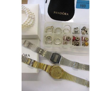 Pandora beads, earrings, various rings, a Casio and a Lorus watch 