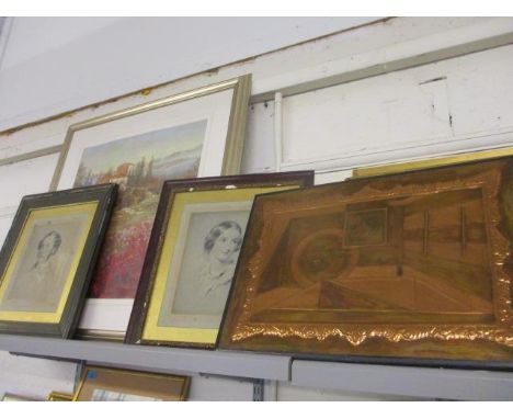 A copper abstract plaque, mounted, together with a continental poppy field print and two late 19th century portraits (glass A