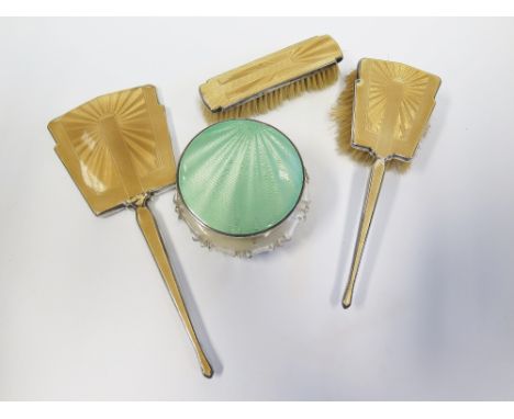 Silver and Guilloché Enamel Dressing Table Powder Box (slight damage and three part mirror and brush set A/F)