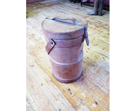 A British Army Royal Lancers Leather Cylindrical Hat / Cordite?Box stamped No. 70 II R,L 10 32, presuma, 52cm high x 37cm wid