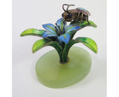 SUHAI CHINESE ENAMELED SILVER &amp; JADE INSECT FIGURE SuHai Chinese enameled silver sculpture depicting a grasshopper on a f