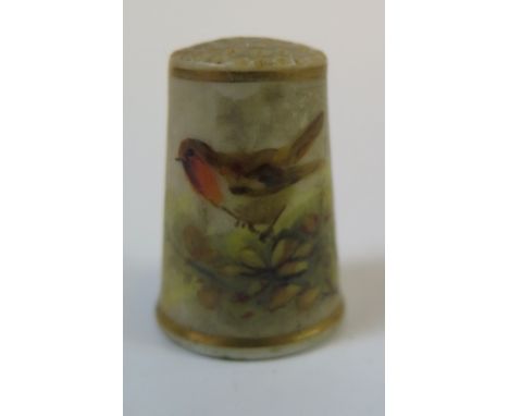 A Royal Worcester Style Thimble painted with a robin
