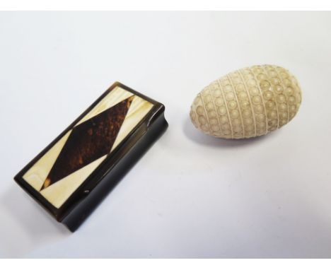 A Nineteenth Century Pressed Horn and Tortoiseshell snuff box and carved bone egg with screw opening