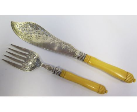 A Set of Victorian Silver and Ivory Handled Fish Servers, Sheffield 1883, Levesley Brothers (fork handle with tight split