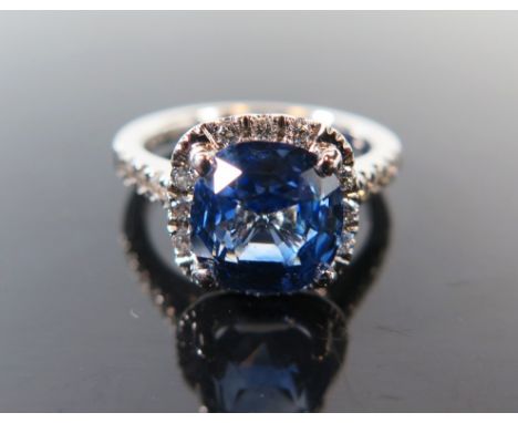 A Modern Natural Cornflower Blue Sapphire and Diamond Ring in 18ct white gold setting, size K.5, 5.2g _ sapphire c. 4ct