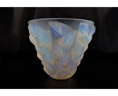 R. Lalique _ An Opalescent Glass Moissac Vase with stylised leaf moulded decoration, engraved mark to base and No.922, 13cm h