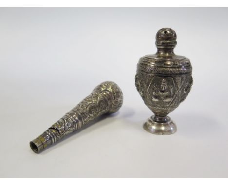 An Indian White Metal Pepper decorated with Hindu deities and a silver cane finial