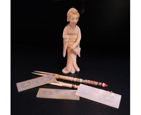 Sixty Nine Chinese Carved Mother of Pearl Gaming Counters, ivory okimono etc