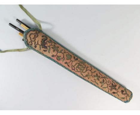 A Pair of Chinese Mother of Pearl Inlaid Chopsticks, ivory chopsticks, glass chopsticks and one other pair on embroidered cas