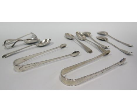 Two Pairs of Georgian Bright Cut Silver Sugar Tongs and other flatware, 164g