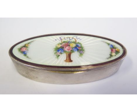 A Continental Silver and Floral Guilloché Enamel Decorated Oval Box, import marks 1909, C&C 8cm, 69g, slight fault