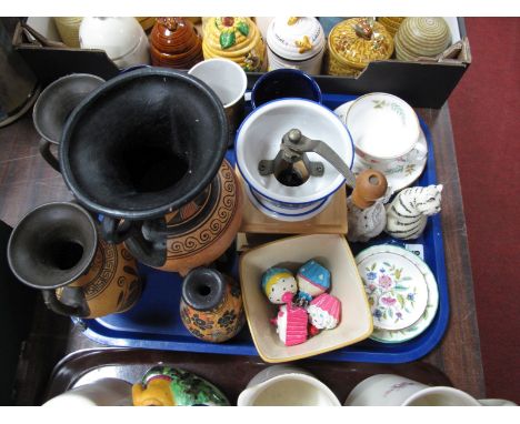 A Decorative Coffee Grinder, Minton Haddon Hall dishes, cup and saucer, cat cruet, mugs, Greek pottery, etc:- One Tray