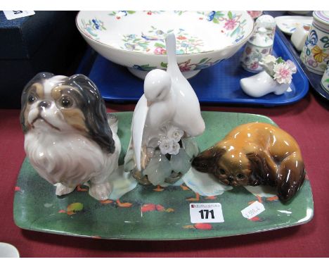Royal Copenhagen Figure of a Pair of Doves, No. 402, a Dahl Jensen Copenhagen figure of a Pekingese No. 1003; a Midwinter fig