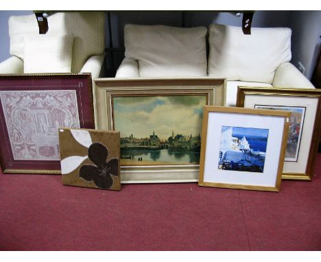 A Limited Edition Hunting Scene Print, numbered 210/850; a framed "Declaration of Independence" reproduction lace panel, two 